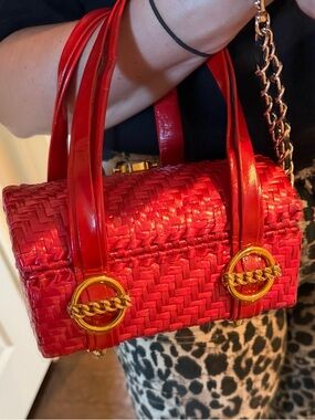 Vintage RODO Red Woven Lacquered Wicker Basket Satchel Handbag w/ Gold Accents